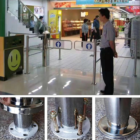 Rock Solid Industrial Heavy Duty Spring Loaded Safety Swing Gate With One Way Revolving Design For High Traffic Retail, stainless steel mounting detail.