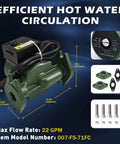 Heavy Duty Cast Iron Circulator Pump Three Speed Hot Water Heater With Built In Check Valve One Inch Flanged Connection Straight Up Quick Install For Radiant Floor Heating close-up view with dimensions.