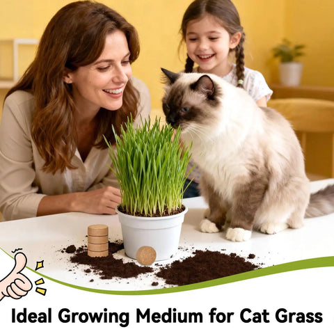 Woman and girl with cat next to potted grass using 100 Pack 30mm Organic Coco Coir Seed Starter Pellets for Indoor and Outdoor Gardening.