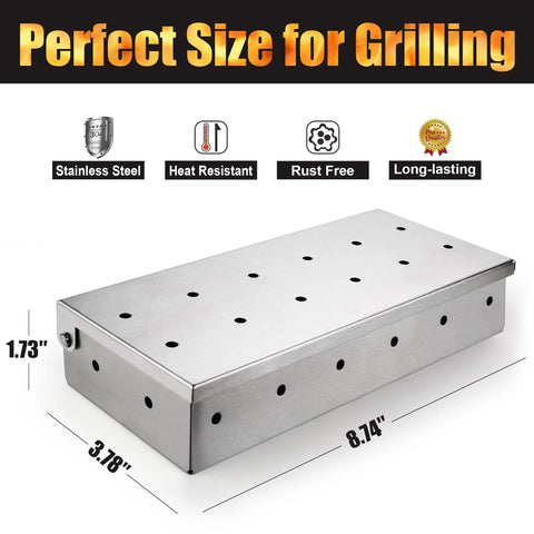 Heavy Duty Wood Chip Smoking Box For Gas Grills And All Grills, Thick Stainless Steel Construction With Hinged Lid, 8.74x3.78x1.73 inches
