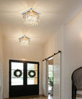 Crystal Chandelier For Hallways And Foyers One Light Mini Modern Square Flush Mount Ceiling Fixture With Sparkling Crystal Strings