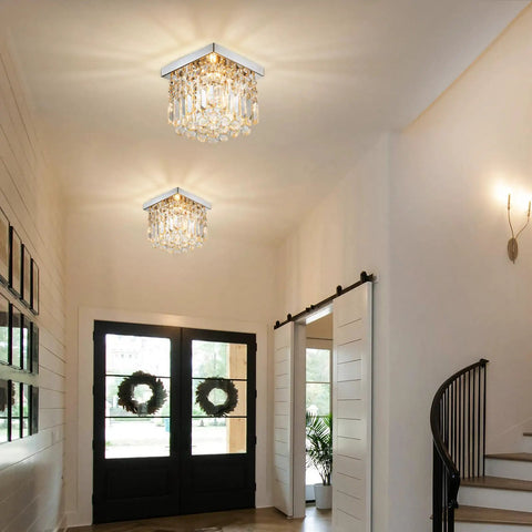 Crystal Chandelier For Hallways And Foyers One Light Mini Modern Square Flush Mount Ceiling Fixture With Sparkling Crystal Strings