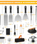 Ultimate 29 Piece Griddle Accessories Kit For Blackstone And Camp Chef with tools, press, spatulas, tongs, and carry bag