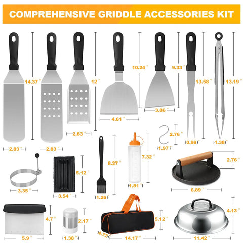 Ultimate 29 Piece Griddle Accessories Kit For Blackstone And Camp Chef with tools, press, spatulas, tongs, and carry bag
