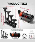 Heavy Duty 12V Train Horn Kit With Direct Wire Parallel 4 Trumpet Design Including 3L Air Tank And 120 Psi Compressor product dimensions and components layout.