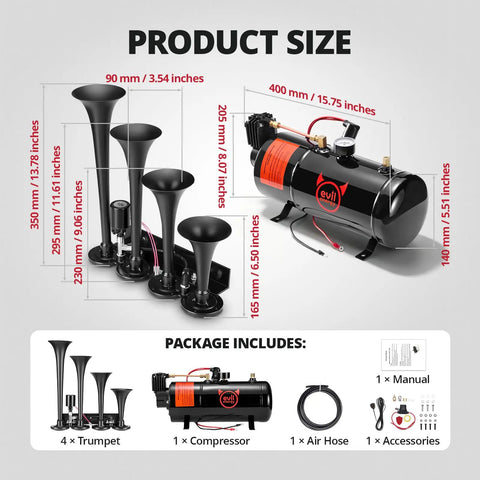 Heavy Duty 12V Train Horn Kit With Direct Wire Parallel 4 Trumpet Design Including 3L Air Tank And 120 Psi Compressor product dimensions and components layout.