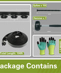 Package contents of No Dig Landscape Edging Kit 1.5 Inch By 100 Foot With 150 Spikes, Hammer And Gloves, Tool Free HDPE Lawn Edging