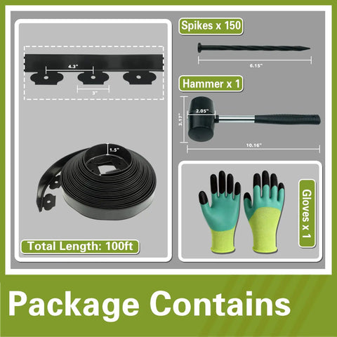 Package contents of No Dig Landscape Edging Kit 1.5 Inch By 100 Foot With 150 Spikes, Hammer And Gloves, Tool Free HDPE Lawn Edging