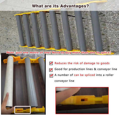 Heavy Duty Portable Conveyor Rollers With Hella Sturdy Build Carrying 330 Lb Loads Flexible Interlocking Shaft Design laid out for easy connection.