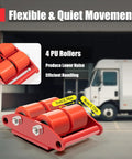 Close-up of 4 Piece Red Carbon Steel Machinery Mover Dolly Set 6 Ton 13200 Lb Capacity 4 Wheel 360 Degree Rotation Heavy Duty Industrial Equipment Movers With PU Casters showing detailed PU rollers and dimensions of 7 cm and 8 cm.