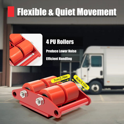 Heavy Duty 4 Pc Machinery Mover Skates With Steering Handles showing 4 PU rollers for efficient handling and quiet movement.