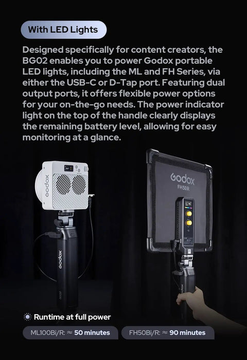 BG02 Battery Grip 14.4V 6600mAh D Tap USB C For AD200 Pro II And ML LED Light attached to Godox LED light, with power indicator.