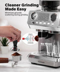 Badass 20 Bar Espresso Machine With Built In Anti Static Grinder And 45 Precision Grind Settings silver counter brewer in use.