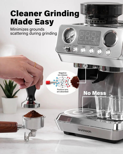 Badass 20 Bar Espresso Machine With Built In Anti Static Grinder And 45 Precision Grind Settings silver counter brewer in use.