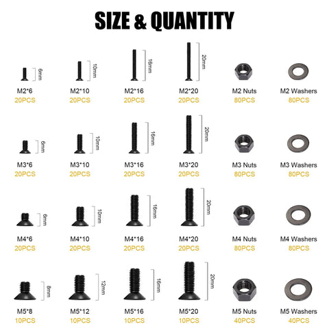 860 Piece All In One Metric M2 M3 M4 M5 Hex Socket Flat Head Screws Bolts Nuts Washers Kit sizes and quantities