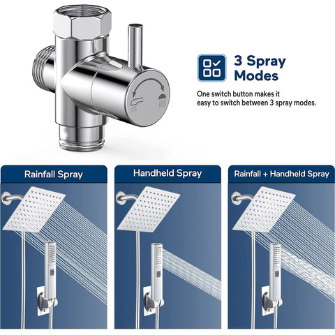 Valve and spray modes for Stainless Steel Rain Shower Head Combo With 6 Inch Rainfall And Handheld 2 Settings Explosion Proof 78 Inch Hose