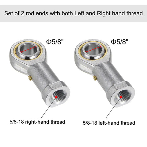 Top Shelf Five Eighth Inch Female Rod End Bearing Pair With Left And Right Hand Threads For Tough Auto Repairs And Smooth Operator Function On Any Custom Gearbox Build showing two bearings with 5/8 inch threaded ends.