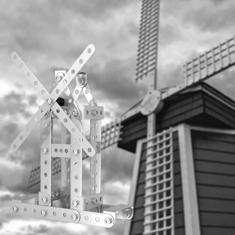 3 In 1 Metal Construction Kit With 273 Parts Tower Crane Frame Crane Windmill Model Set showing windmill model in front of real windmill