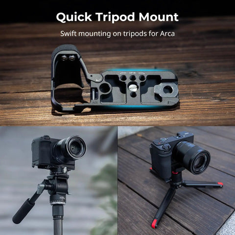 Silicone L Shape Hand Grip for Sony Alpha 6700 Camera with Built-In Arca-Swiss Quick Release Plate showcased on tripod mount
