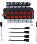 Front view of Six Spool Hydraulic Directional Control Valve Open Center 13 GPM 3600 PSI Monoblock Cast Iron with components.
