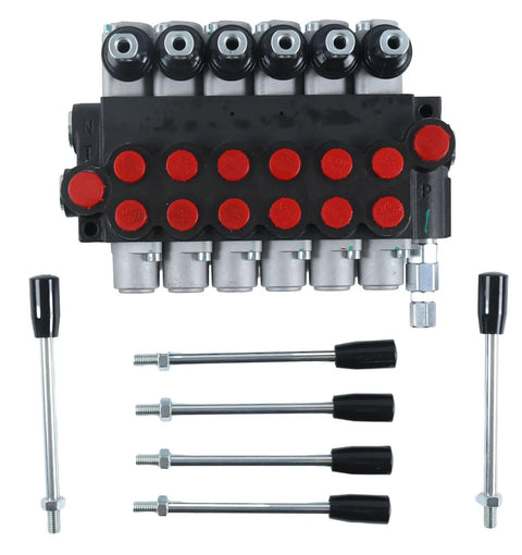 Front view of Six Spool Hydraulic Directional Control Valve Open Center 13 GPM 3600 PSI Monoblock Cast Iron with components.