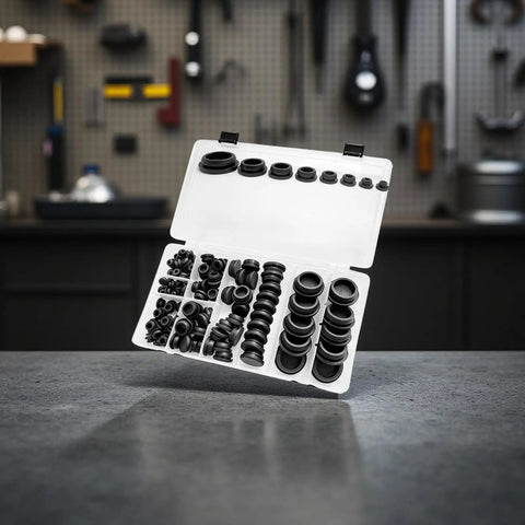 125 Pcs Black Silicone Plugs Kit Assorted 8 Sizes For Round Holes Snap Locking Rubber Stopper Seals With Storage Case Protects Surfaces From Drips. open case with assorted black silicone plugs