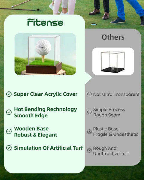 Epic Golf Ball Display Case With Clear Acrylic Cube And Solid Wood Base Protects Ball with UV and Dust Features Compared to Others
