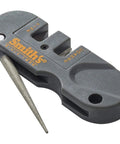 Dual Stage Knife Sharpener With Preset Carbide And Ceramic Slots Plus Retractable Diamond Rod For Camping Gear and Pocket Knives, compact gray design.