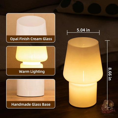 Cordless Battery Operated LED Table Lamp With Opal Cream Glass Shade Perfect For Power Outages And Anywhere, dimensions shown