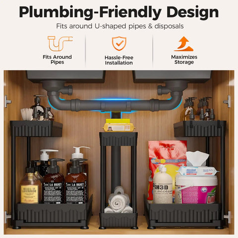 3 Pack L Shaped Under Sink Organizers With Real Smooth Glide Drawers To Toss The Clutter Out Of Deep Cabinets, plumbing-friendly design fitting around pipes.