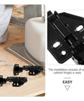 Two Pack Full Overlay Frameless Concealed Damping Cabinet Hinges With Quiet Soft Close For Kitchen Cabinets Easy Installation No Slamming Doors Upgrade Your Kitchen Storage, black finish, shown with installation setup and details.