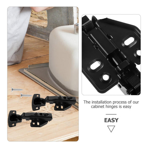 Two Pack Full Overlay Frameless Concealed Damping Cabinet Hinges With Quiet Soft Close For Kitchen Cabinets Easy Installation No Slamming Doors Upgrade Your Kitchen Storage, black finish, shown with installation setup and details.
