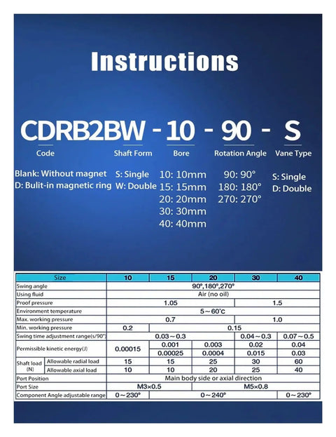 Heavy Duty Vane Rotary Air Cylinder Pneumatic Rotation Actuator Aluminum Alloy instruction sheet with specifications and angles.