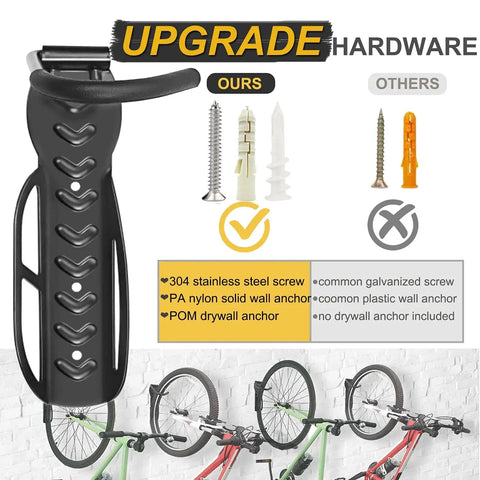 4 Pack Wall Mounted Bike Hooks Heavy Duty Vertical Hangers For Indoor Garage Storage Up To 60 Pounds Easy Screw In Install Space Saving Design Keeps Bikes Off The Floor With Easy Mounting And Includes All Hardware, shown with installation setup and included screws.