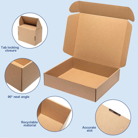 Open kraft brown Shipping Boxes 17x11x3 Inches, 20 Pack Corrugated Cardboard Mailing Boxes with detail view of tab closure.