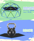 Diagram showing 10 Foot Climbing Dome With Hammock For Kids Outdoor Jungle Gym Metal Climber Supporting 880 Lbs in blue and green.