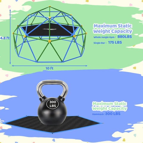 Diagram showing 10 Foot Climbing Dome With Hammock For Kids Outdoor Jungle Gym Metal Climber Supporting 880 Lbs in blue and green.