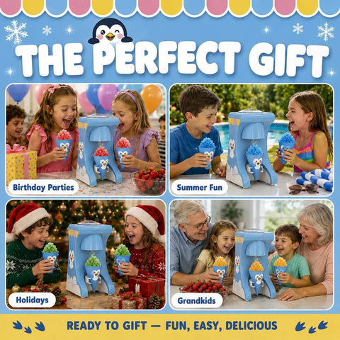 Totally Legit Penguin Shaved Ice Maker For Home And Kids Chills Out Summer Parties By Turning Regular Ice Cubes Into Silky Snow Cones Without Pre Freezing For Easy Weekends with kids enjoying snow cones.