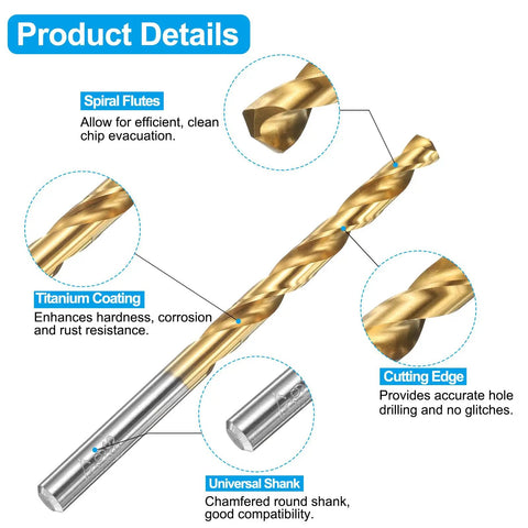 Close-up of 6.9mm titanium coated HSS drill bit with spiral flutes, cutting edge, and universal shank for precise drilling.