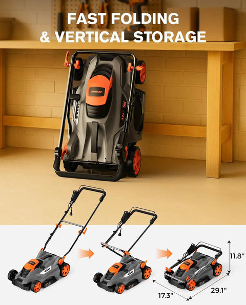 Corded Lawn Mower With 16 Inch Cut And 13 Amp Motor Five Height Settings Easy Vertical Fold Storage Two In One Mulching And Bagging