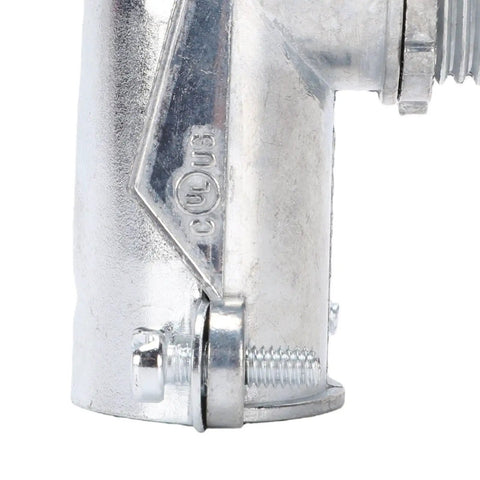 Rock Solid Three Quarter Inch Conduit Elbow Squeeze Connector 90 Degree Sweep For AC MM And MC Cable With Flexible Metal Conduit 10 Pack close-up of zinc alloy elbow connector