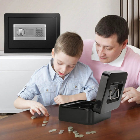 Father and son using a coin box, fireproof safe box with lock in background, home setting.