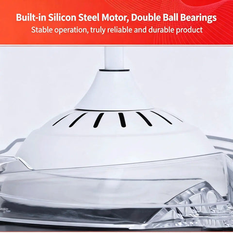 Close-up of the built-in silicon steel motor and acrylic cover of the Super Sleek Modern Flush Mount Ceiling Fan With Lights.