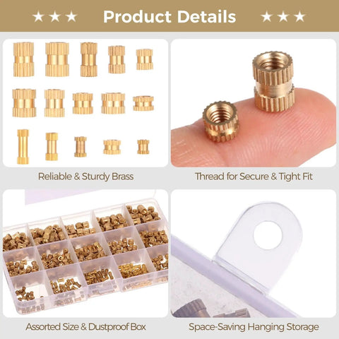 420 Piece Brass Threaded Inserts Set M2 M3 M4 M5 Heat Set Slotted Inserts for Electronics, Machinery, shown in storage box