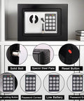 Mini Electronic Safe Box With Digital Keypad 0.23 Cu Ft Compact Home Safe, showing features like solid bolt, reset button, and keypad indicators.