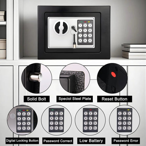 Mini Electronic Safe Box With Digital Keypad 0.23 Cu Ft Compact Home Safe, showing features like solid bolt, reset button, and keypad indicators.