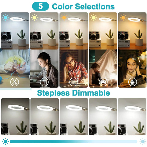 10X Magnifying Glass With Light And Clamp showcasing 5 color modes and stepless dimming in various settings and uses.