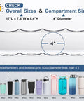 Kick That Bottle Jumble With This 3 Tier Stackable Water Bottle Organizer That Cradles 12 Big Tumblers And Fits Stanley Sizes Perfectly showing dimensions and fitting options for large tumblers.