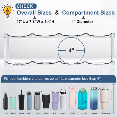 Kick That Bottle Jumble With This 3 Tier Stackable Water Bottle Organizer That Cradles 12 Big Tumblers And Fits Stanley Sizes Perfectly showing dimensions and fitting options for large tumblers.