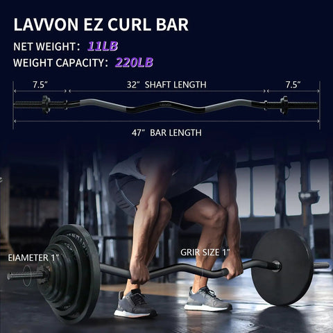 47 Inch Curl Bar For Home Gym And Weight Lifting, Ergonomic 1 Inch Diameter Barbell For Curls, Hip Thrusts, Squats